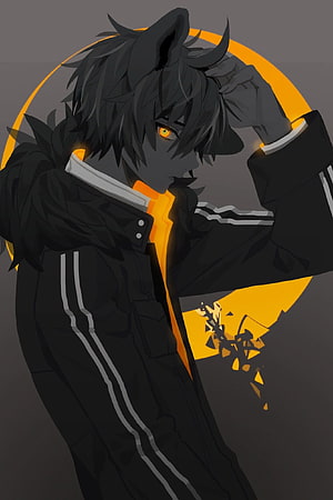 Dark Anime Demon Boy with Horns and Glowing Orange Eyes in Black Jacket HD phone wallpaper
