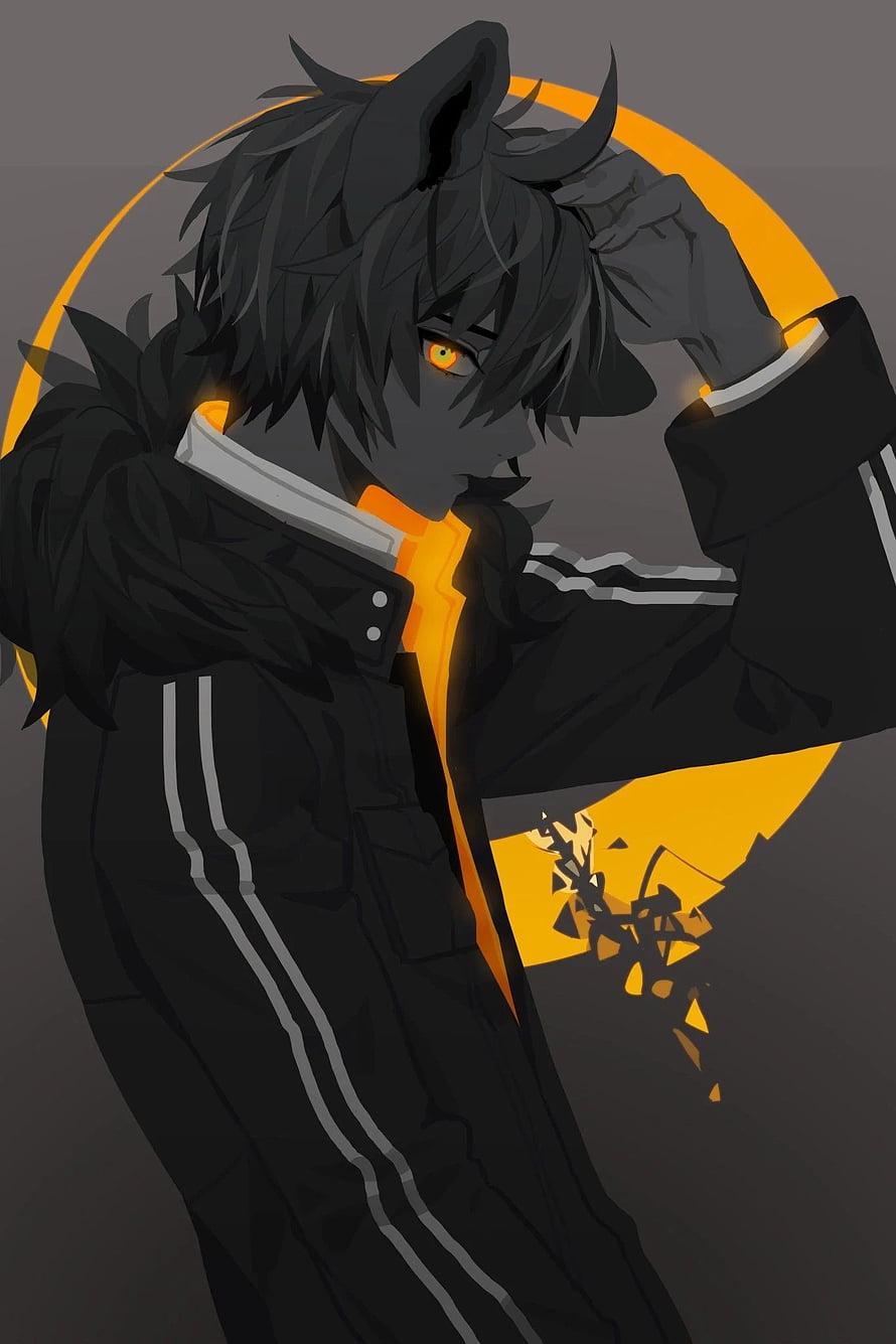 Dark Anime Demon Boy with Horns and Glowing Orange Eyes in Black Jacket HD phone wallpaper