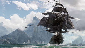 Weathered Pirate Galleon Sailing Through Mountainous Seas in Concept Art HD wallpaper
