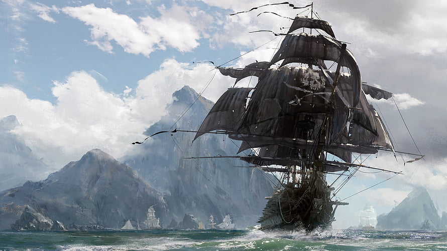 Weathered Pirate Galleon Sailing Through Mountainous Seas in Concept Art HD wallpaper