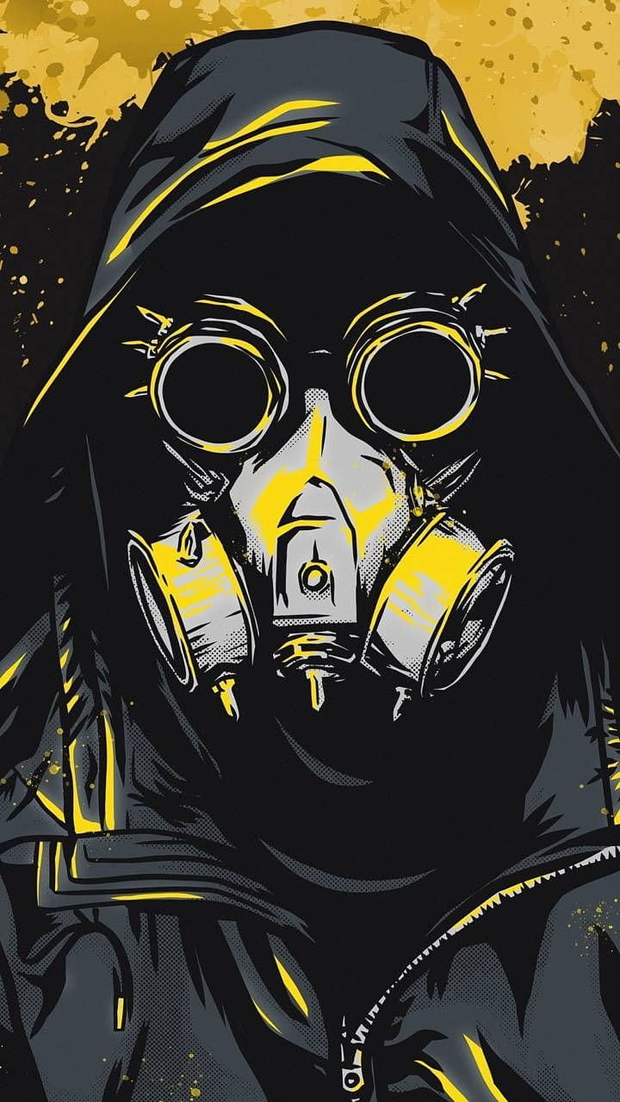 Hooded Figure in Gas Mask and Goggles, Black and Yellow Comic Style Illustration HD phone wallpaper
