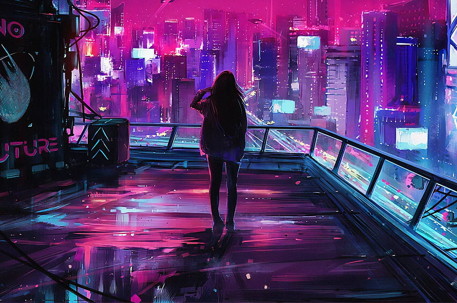 Silhouette of a Woman on a Rooftop Overlooking a Neon Cyberpunk Metropolis at Night HD wallpaper