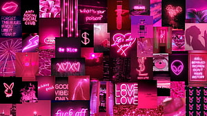 Vibrant Pink Neon Aesthetic Collage Featuring Glowing Signs, Brand Logos, and Pop Culture Icons HD wallpaper