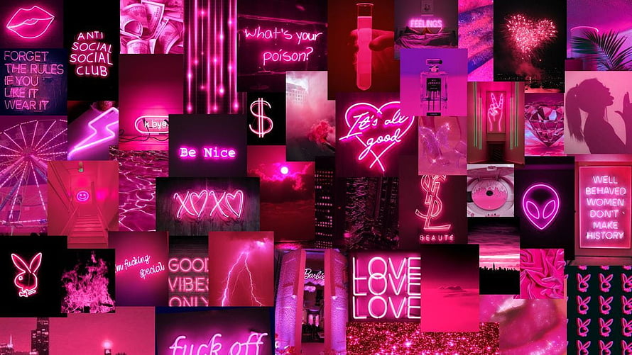 Vibrant Pink Neon Aesthetic Collage Featuring Glowing Signs, Brand Logos, and Pop Culture Icons HD wallpaper