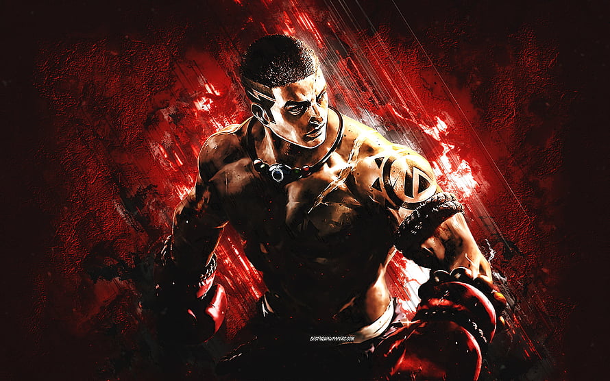 Paquito from Mobile Legends in a fierce fighting stance against a dramatic red background HD wallpaper