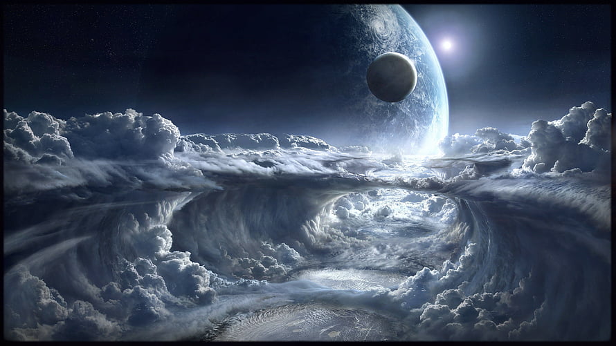 Dramatic Alien Planet and Moon Rising Over a Vast Cloud Sea in Deep Space HD wallpaper