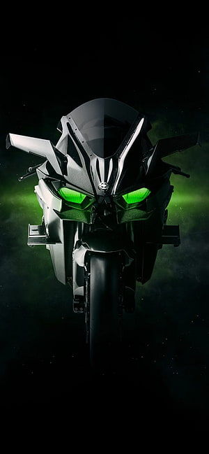 Yamaha H2R Superbike Front View with Glowing Green Headlights in Dark Atmosphere HD phone wallpaper