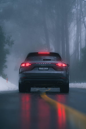 Rear View of a Grey Porsche Cayenne Hybrid on a Wet, Foggy Forest Road HD phone wallpaper