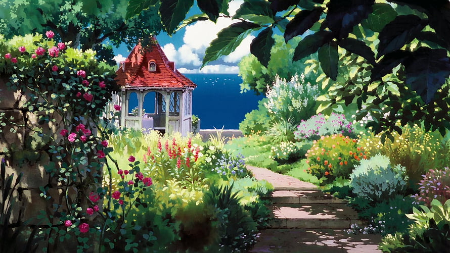 Studio Ghibli Garden Scene with Red-Roofed Cottage and Vibrant Flowers HD wallpaper