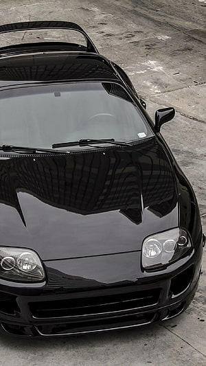 Black Toyota Supra MK4 Front View with Glossy Paint and Rear Spoiler HD phone wallpaper