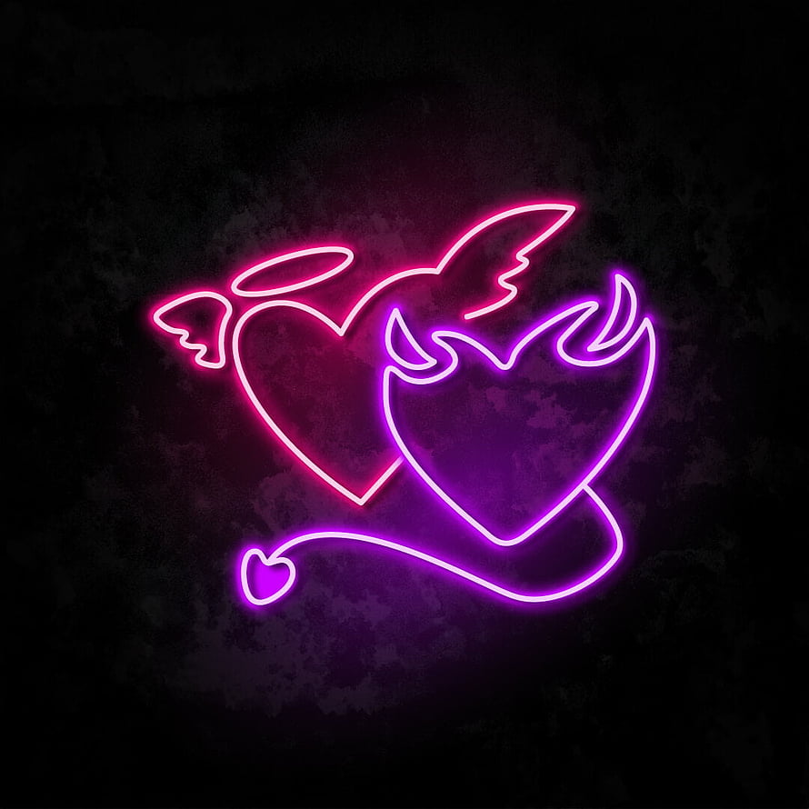 Angel and Devil Heart Neon Sign Design with Wings and Horns on Dark Background HD phone wallpaper