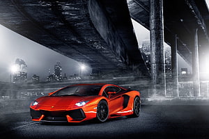 Red Lamborghini Aventador Super Car Under Urban Bridge at Night HD wallpaper