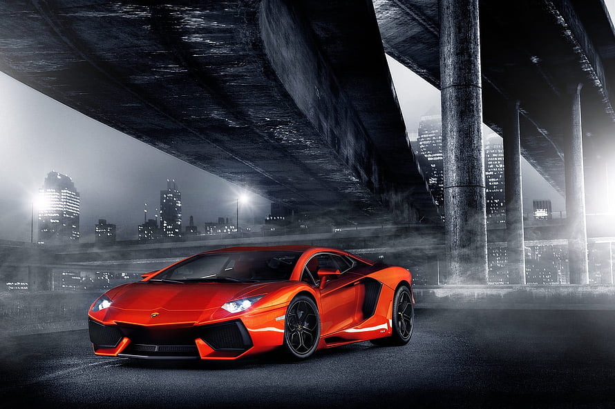 Red Lamborghini Aventador Super Car Under Urban Bridge at Night HD wallpaper