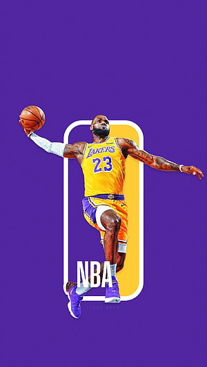 LeBron James in Lakers Jersey Mid-Air Dunk with NBA Logo on Purple Background HD phone wallpaper