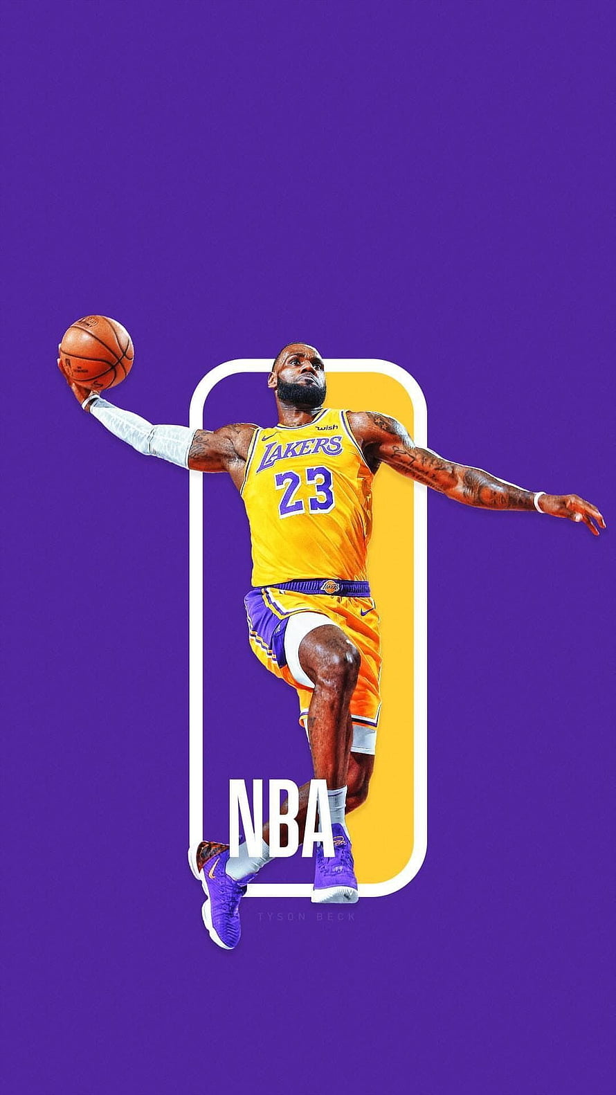 LeBron James in Lakers Jersey Mid-Air Dunk with NBA Logo on Purple Background HD phone wallpaper