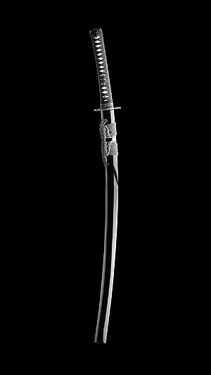 Traditional Japanese Katana Sword with Ornate Hilt and Polished Blade on Black Background HD phone wallpaper