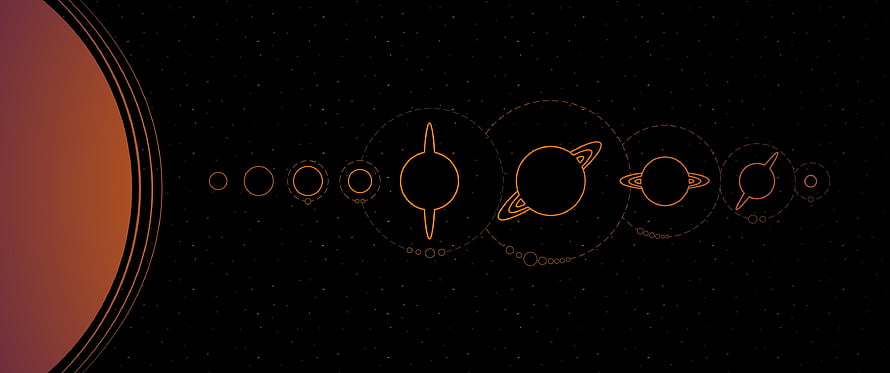 Minimalist Solar System Line Art with Orange Planets on Black Space Background HD wallpaper