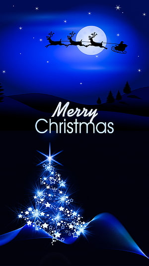 Merry Christmas Night Sky with Santa Sleigh and Glowing Star Tree HD phone wallpaper