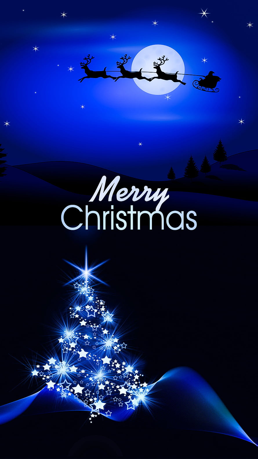 Merry Christmas Night Sky with Santa Sleigh and Glowing Star Tree HD phone wallpaper