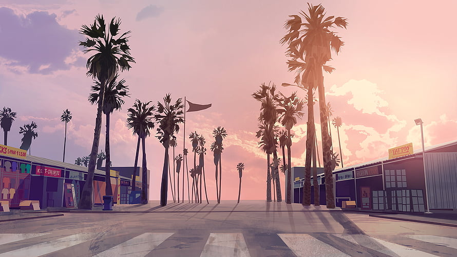Grand Theft Auto V Palm Tree Boulevard at Sunset with Street Shops and Crosswalk HD wallpaper