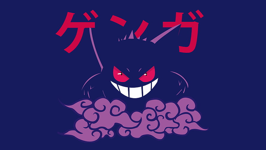 Gengar Pokemon Ghost Type Character with Menacing Grin and Purple Smoke on Dark Blue Background HD wallpaper