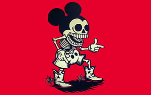 Skeleton Mickey Mouse Cartoon Illustration on Red Background HD wallpaper