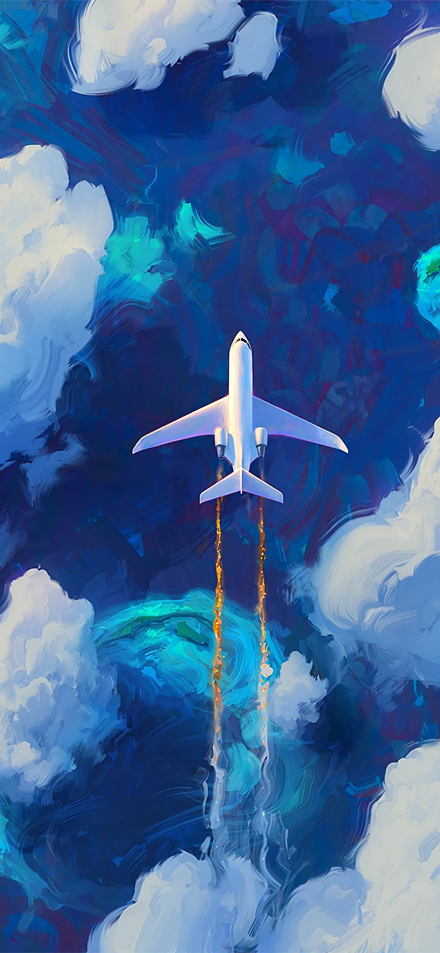Boeing Jet Ascending Through Vivid Blue Clouds With Golden Contrails Digital Art HD phone wallpaper