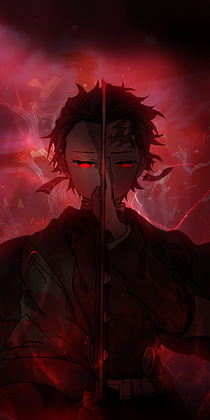 Tanjiro Kamado Demon Slayer Anime Artwork with Red Eyes and Sword HD phone wallpaper