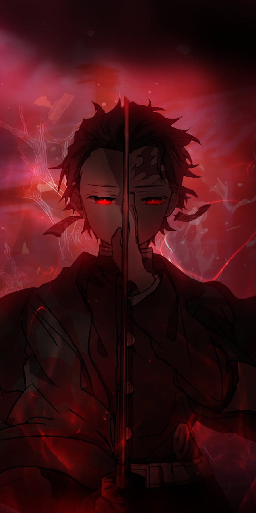 Tanjiro Kamado Demon Slayer Anime Artwork with Red Eyes and Sword HD phone wallpaper