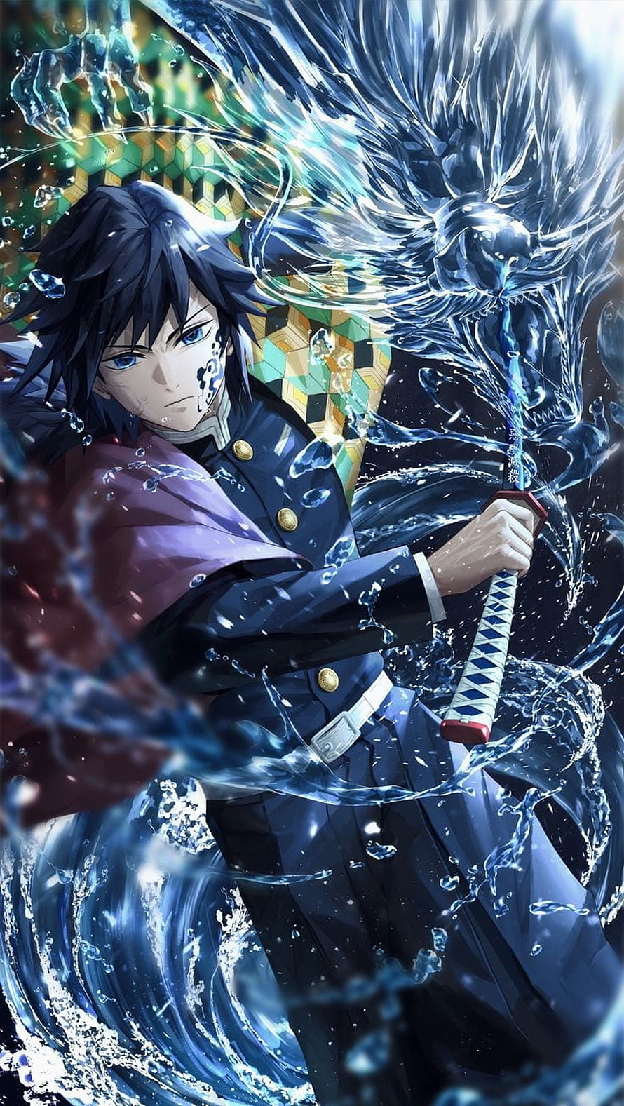 Tomioka Giyu wielding his Water Breathing sword in a dynamic Demon Slayer anime illustration HD phone wallpaper