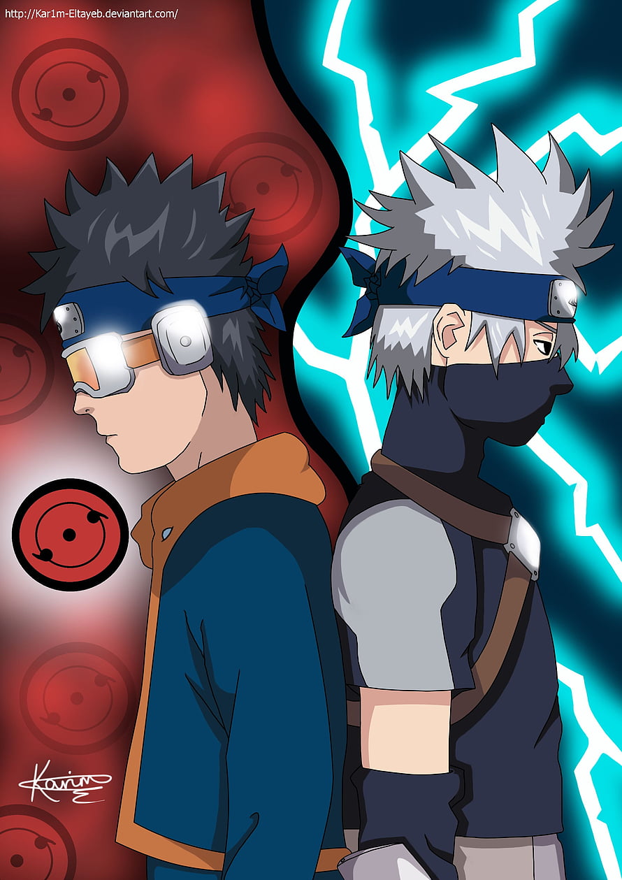 Naruto Anime Artwork Featuring Young Kakashi and Obito in Profile with Sharingan and Lightning Effects HD phone wallpaper