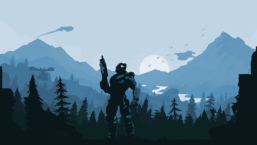 Halo Master Chief Silhouette in Firewatch Style Mountain Landscape HD wallpaper