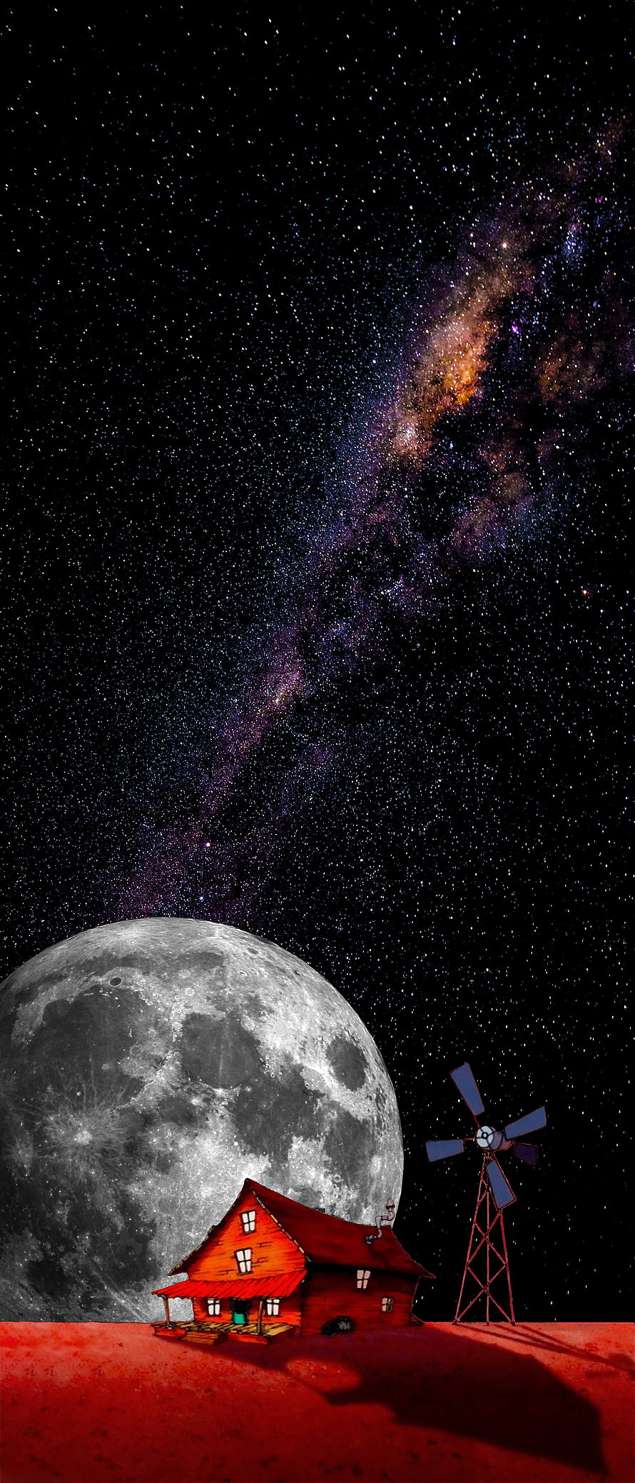 Courage The Cowardly Dog Farmhouse Under Giant Moon and Starry Sky HD phone wallpaper