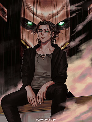 Eren Yeager Fanart with Colossal Titan Behind Him in Dark Anime Style HD phone wallpaper