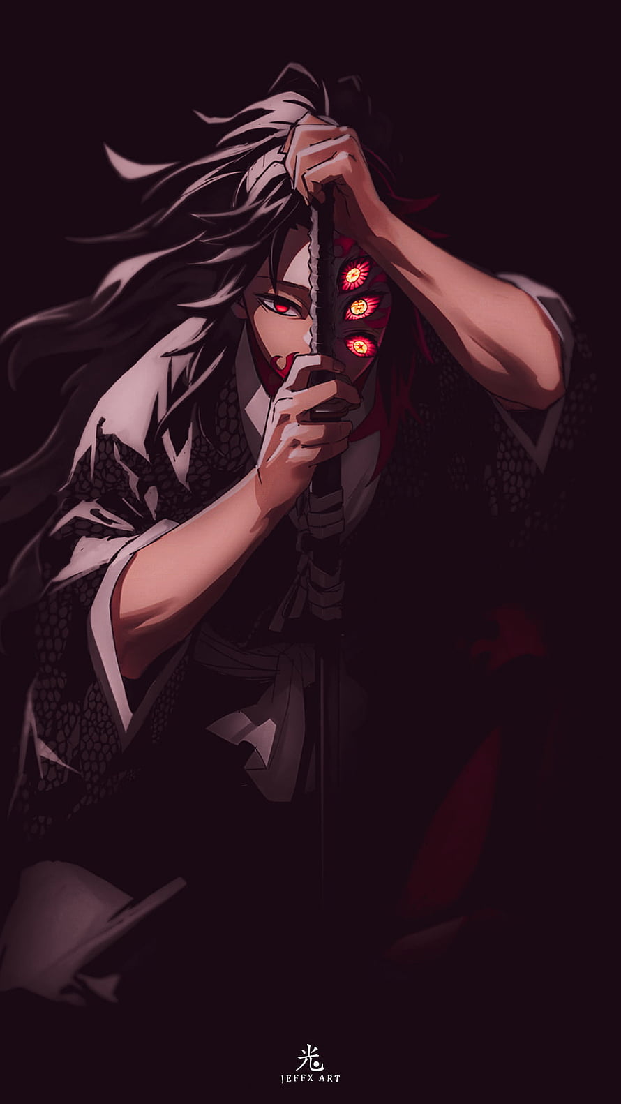 Kokushibo Demon Slayer Anime Character Artwork with Red Eyes and Katana HD phone wallpaper