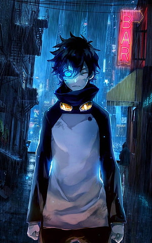 Cyberpunk Anime Boy with Glowing Eye in Rainy Neon City HD phone wallpaper