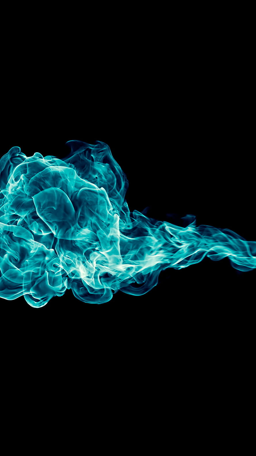 Vibrant Turquoise Smoke Plume Swirling Against a Deep Black Background HD phone wallpaper