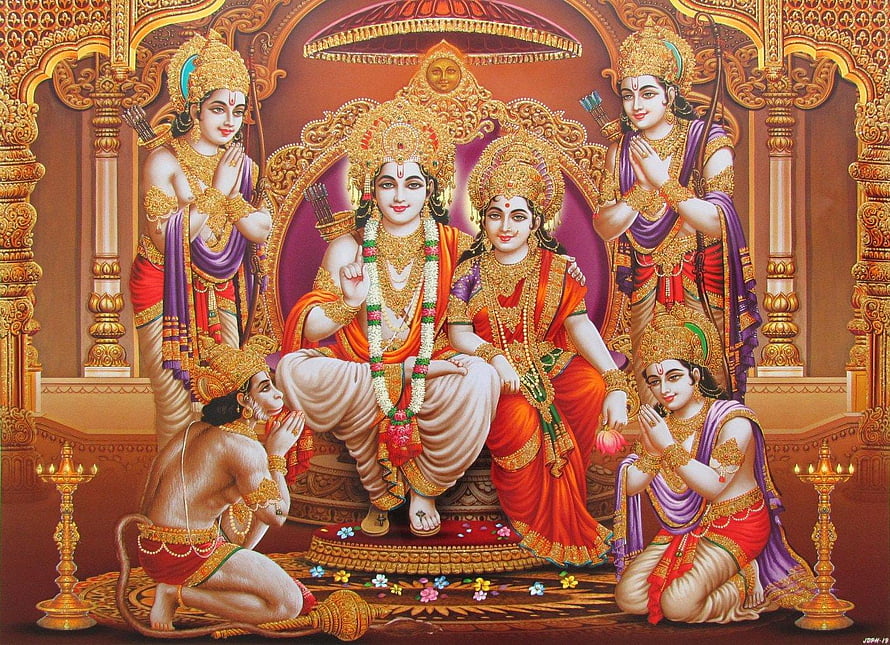 Ram Darbar Divine Painting of Lord Rama Sita Hanuman and Lakshmana in Royal Palace Setting, Ram Darbar HD wallpaper