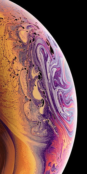 Vibrant Marbled Sphere Abstract Art with Swirling Purple and Gold Patterns on Black Background HD phone wallpaper
