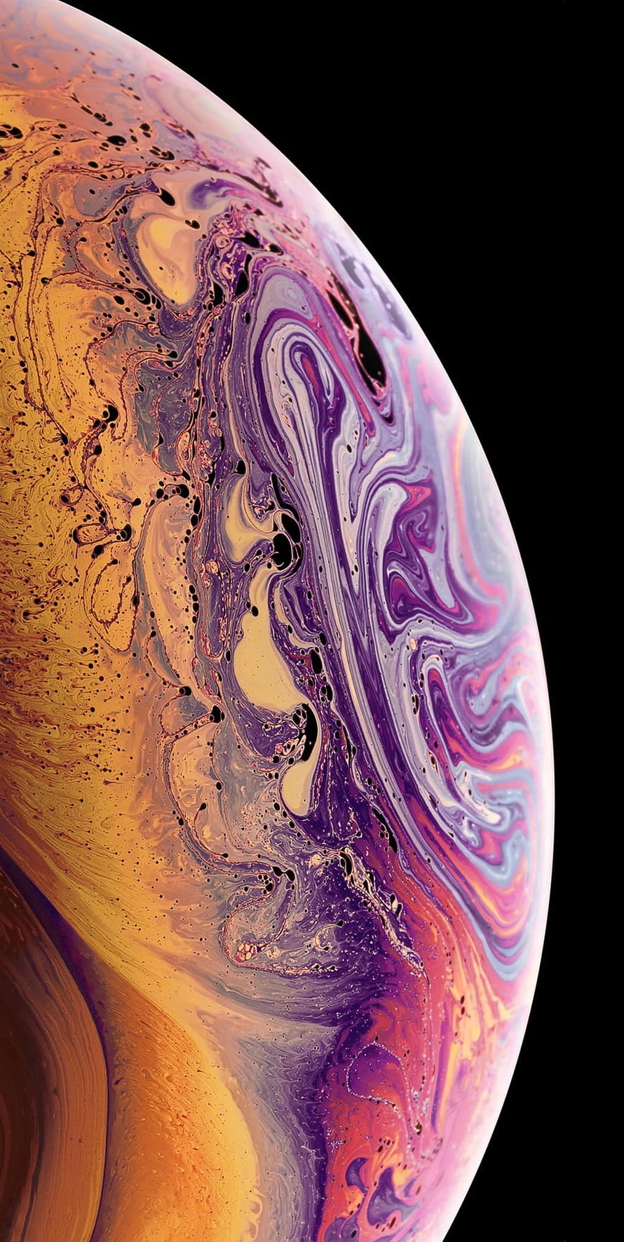 Vibrant Marbled Sphere Abstract Art with Swirling Purple and Gold Patterns on Black Background HD phone wallpaper