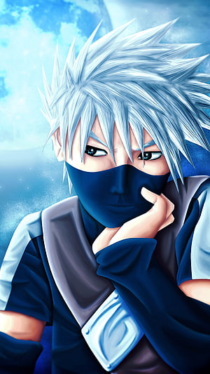 Kakashi Hatake Portrait with Spiky Silver Hair and Blue Mask in Naruto Anime Style HD phone wallpaper