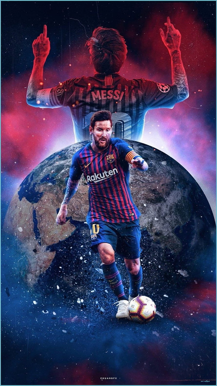 Lionel Messi FC Barcelona Cosmic Dribble Artwork with Earth and Nebula Background HD phone wallpaper