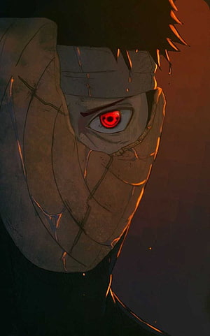 Obito Uchiha Close-Up Portrait with Glowing Red Sharingan Eye and Mask HD phone wallpaper