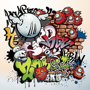 Colorful Graffiti Artwork Featuring Skulls, Masks, and Furry Monsters on a Brick Wall HD phone wallpaper