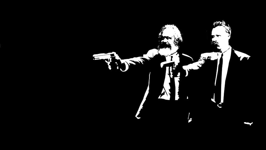 High Contrast Black and White Silhouette of Two Men in Suits Pointing Pistols HD wallpaper
