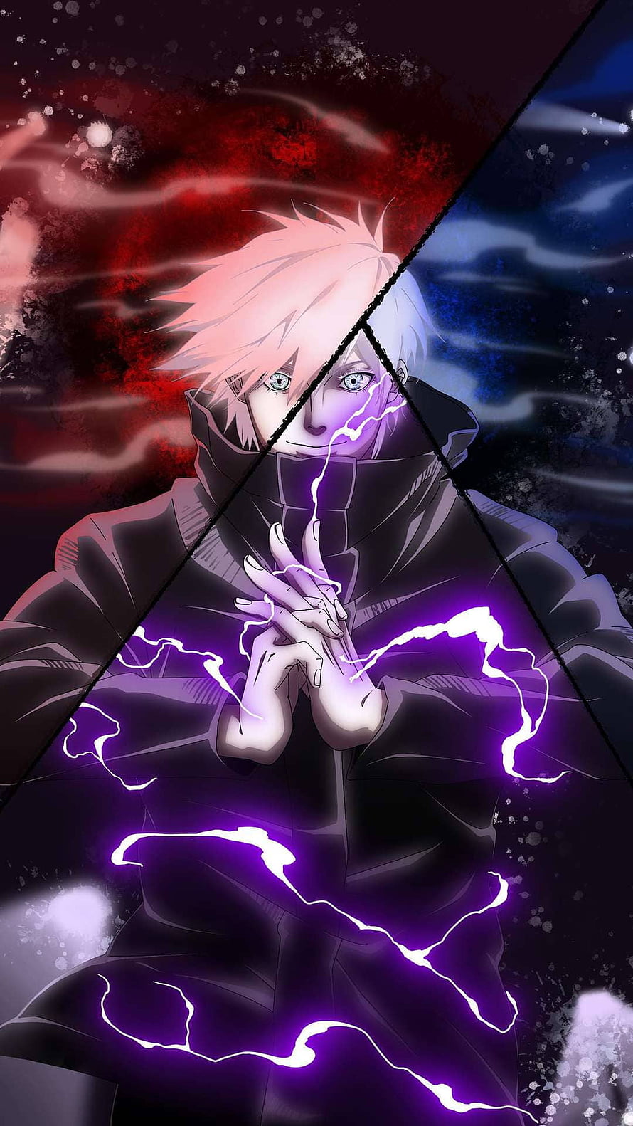Gojo Satoru Anime Character with Purple Lightning and Split Background HD phone wallpaper