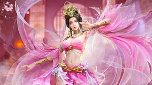 Elegant Fantasy Woman in Flowing Pink Silk Veils and Gold Ornamentation, Pretty in Pink, , girl, woman, veils, art, exotic, beautiful, pink, digital, fantasy, lamamake HD wallpaper