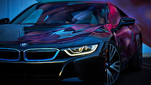 Black BMW i8 sports car with neon cyan and pink lighting reflections HD wallpaper