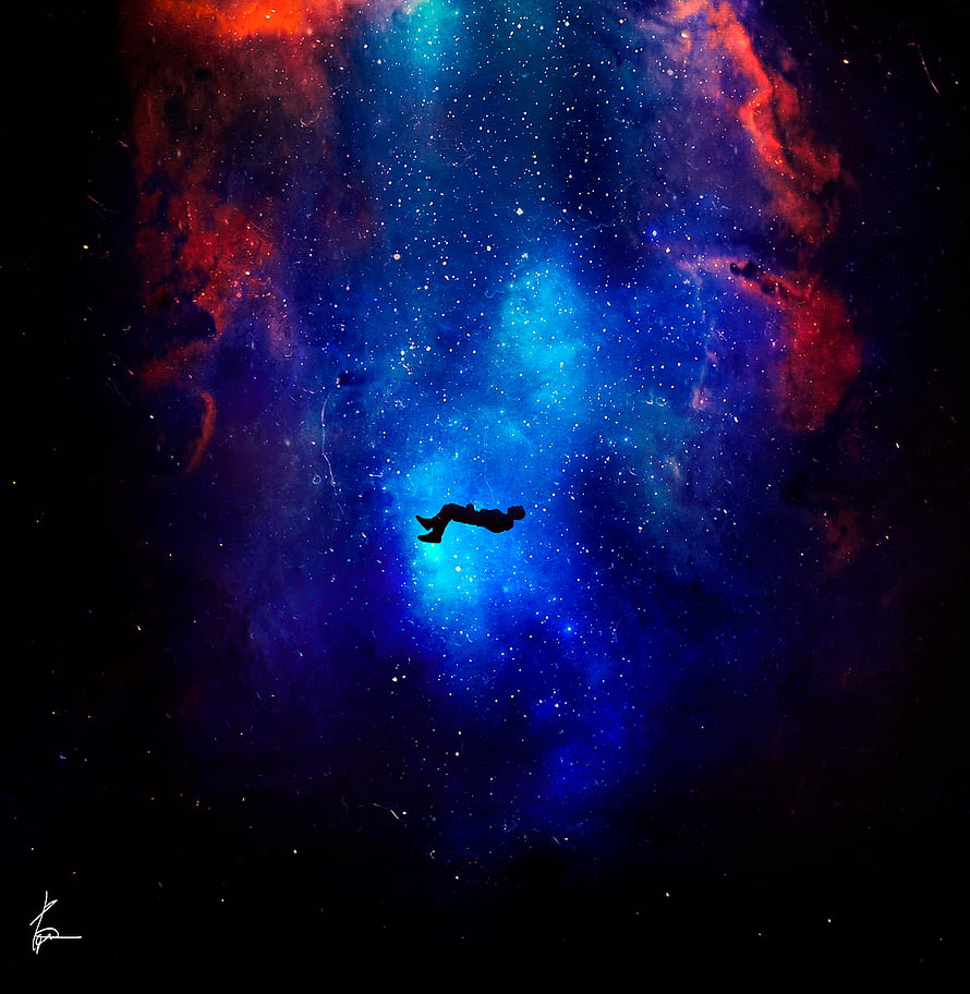 Silhouette of a figure floating in a vibrant blue and red cosmic nebula HD phone wallpaper