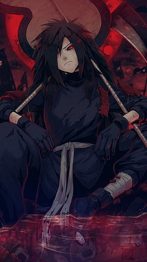 Uchiha Madara Anime Character Sitting in Dark Red Battlefield with Scythe HD phone wallpaper